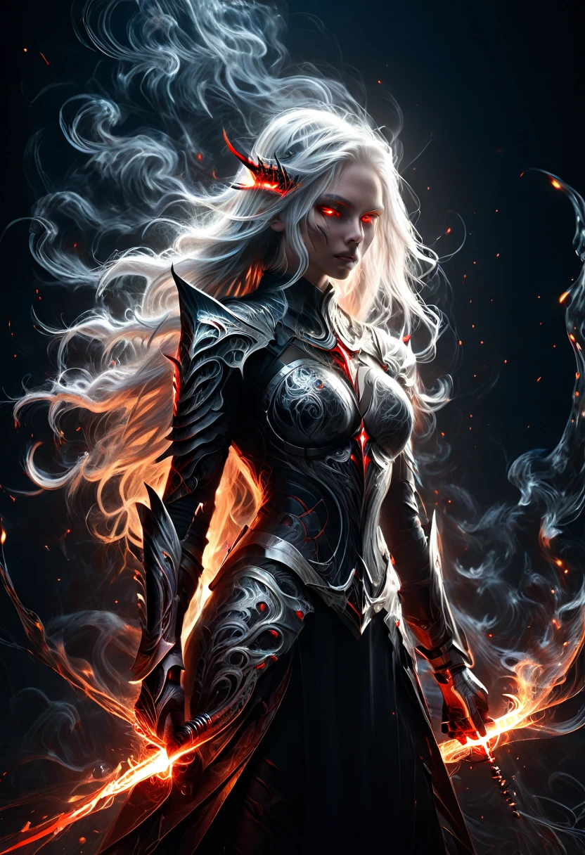 8k resolution, depth of field, photorealistic, lens flare, ((best quality)), (((intricate details))), highly detailed, (((cinematic effect))), looking at viewer,1girl,breasts,long hair, ((white hair with black highlights)), ponytail, ((glowing red eyes)), serious and severe face, ,wearing flame armor, helmet in the shape of a blood red head,holding,cleavages,V,vaporous swirls of deep black,holding weapon, sword, holding sword, night, (underworld,hells), well of cursed souls, (((the river styx background:1.5))),UHD, no anatomical defects,dark, extremely detailed, amazing quality, masterpiece, best quality, hyper detailed, ultra detailed, UHD, perfect anatomy, portrait, DOF, majestic, awesome, inspiring, cinematic, global illumination, dramatic, atmospheric haze, cinematic composition, deep shadows, death scythe,,made of mad-wsps, surrounded by glowing force magic,glowing character outline by dark aura (blue:1.5)