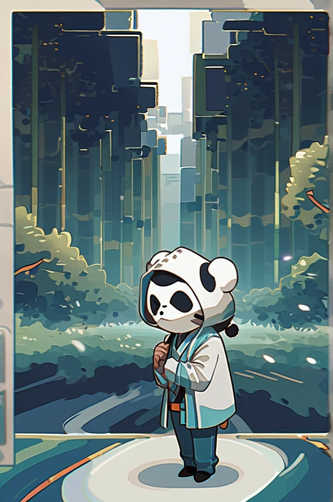 ((Лучшее качество)), ((шедевр)), (подробный), A humanized panda entering a bamboo forest with the background of a modern metropolis