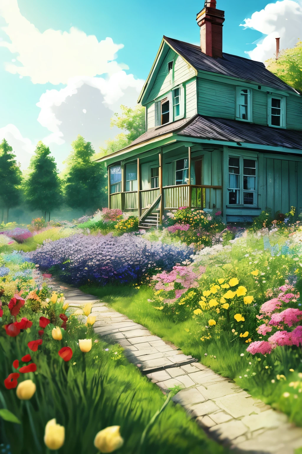 Very cozy little place, Hyperrealism, (anime Makoto Shinkai:0.4), old shabby house in city swoodt,  Outdoor, null, cloud, Day, scenery, wood, blue null, Small Building, sign, Bright light, Wide Shot,  town, wilderness, Flowers,　Sunlight、green、Colorful flowers、Lots of flowers、