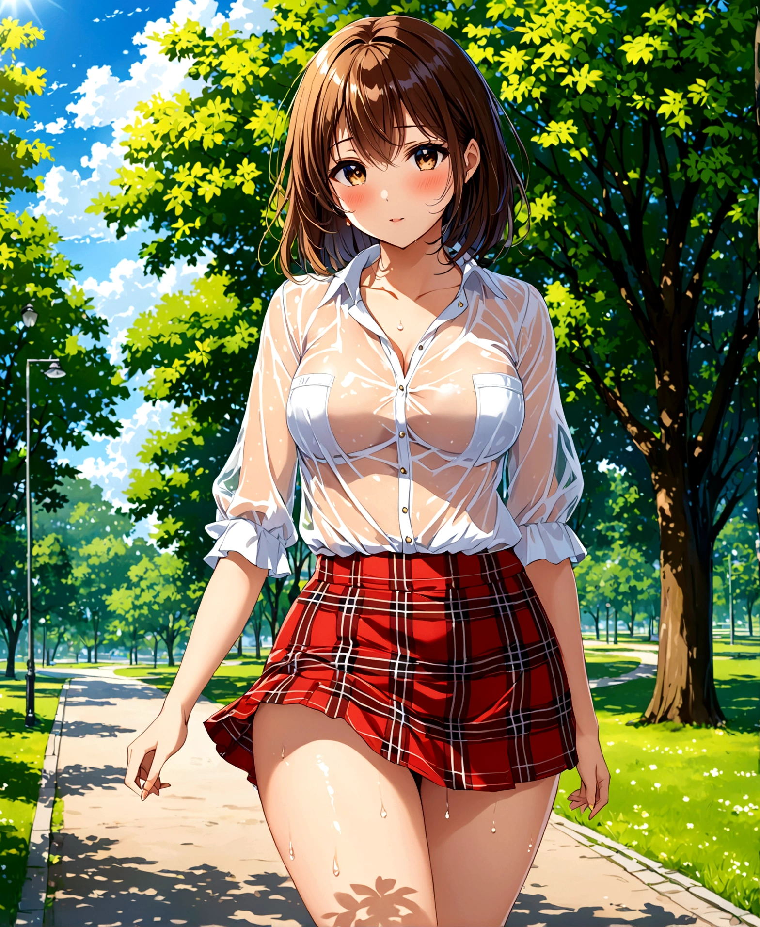 Park, walking, on a sunny day, summer, a girl, beautiful, sexy, medium breasts, wide hips, small waist, shapely legs, perfect thighs, shy, blushing, looking at the viewer, , plaid miniskirt, blouse, traslucent blouse, wet blouse, wet body,