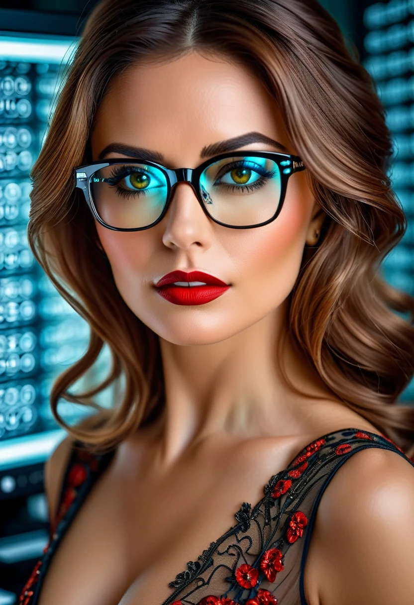 a facial portrait of a spy using glasses to take pictures in a computer labratory, an elegant, exquisite beautiful female spy, dynamic hair color, dynamic hair style, (wearing elegant intricate details glasses: 1.3), dynamic color glasses, dynamic style glasses, ((digital letters and numbers reflected in the glasses from computer screen:1.6)), she wears an elegant, intricate detailed dress, silk dress , small cleavage, Vibrant, Ultra-high resolution, High Contrast, masterpiece:1.2, highest quality, Best aesthetics), best details, best quality, highres, ultra wide angle, 16k, [ultra detailed], masterpiece, best quality, (extremely detailed), Genetically modified..., Cinematic Hollywood Film