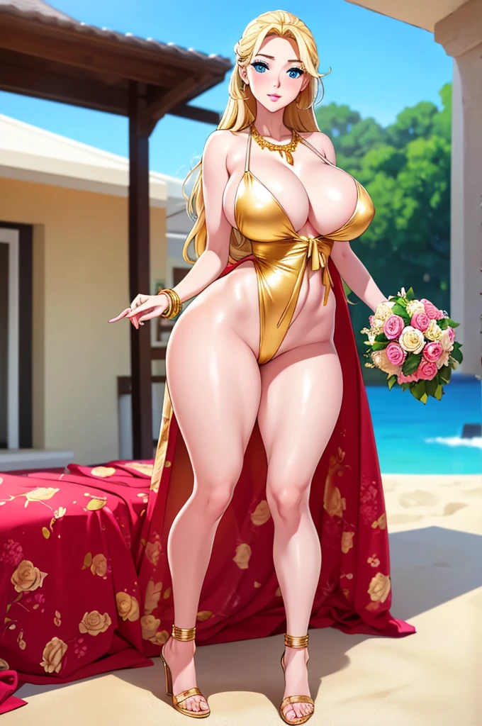 An extremely beautiful stunning busty woman, with gold blonde long silky hair, big blue eyes, extremely super bright snow white fair stunning flawless glowing lush shiny white complexion, flawless skin, a perfect tight hourglass figure, and a skinny waist, sexy thick smooth luscious legs and thighs, extremely cute smile on the face, bright pink blushes on cheeks, wearing a short sexy tight revealing skimpy white thread-bikini, yellow heels, gold necklace on the neck, gold anklets on feet, gold chain on the waist, standing straight, holding a red roses bouquet, beach in the background, show full body from head to feet.