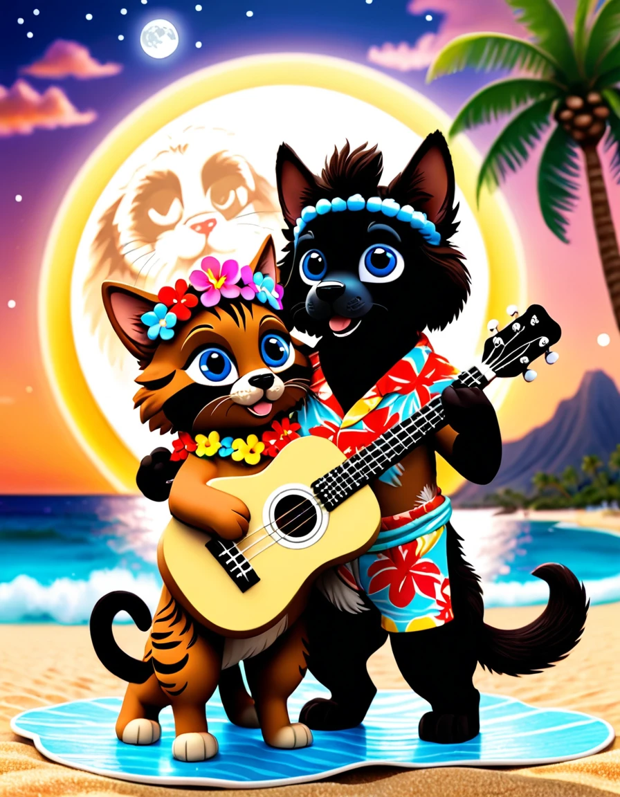 "3DCG, Set in Hawaii、Cute and fluffy anthropomorphic animal couple. A brown tabby cat, Hawaiian Dancer, and a black American Cocker Spaniel, Ukulele Player, are cuddling. The cat has soft fur, Wearing colorful muumuus and flower crowns. The dog has long, drooping ears, Fluffy fur, Wearing an Aloha shirt, Have a ukulele. They both have lovely big eyes, Happy expression, Gaze lovingly at each other. background: 3D rendered large full moon, Soft flowing clouds. Under, The moonlit ocean surface sparkling with ripples. Silhouette of palm trees on the beach. Warm color palette, Soft lighting, Romantic and dreamy atmosphere. Detailed rendering of fur textures and fabrics with an emphasis on fluffy feel, Cute appearance."