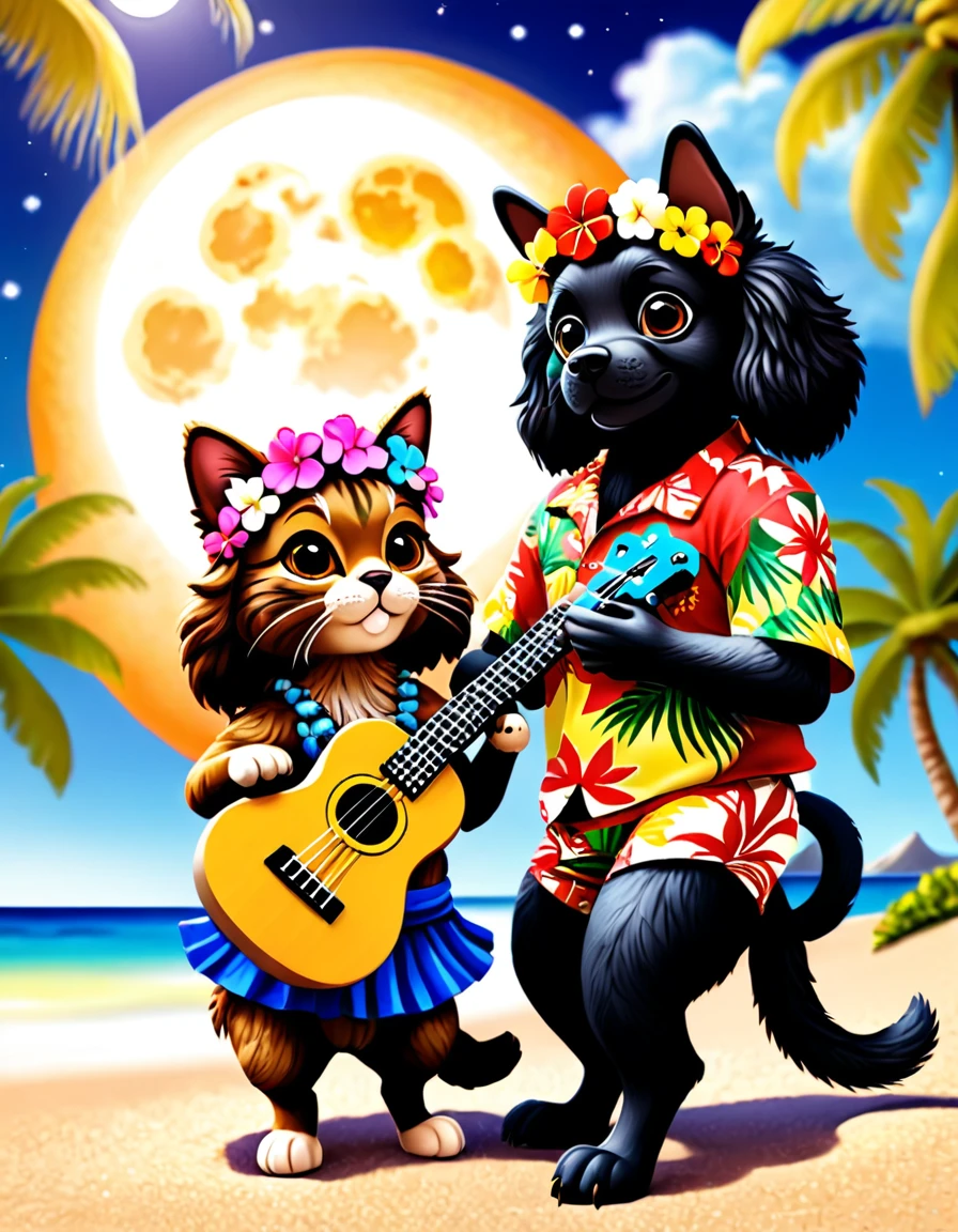 "3DCG, Set in Hawaii、Cute and fluffy anthropomorphic animal couple. A brown tabby cat, Hawaiian Dancer, and a black American Cocker Spaniel, Ukulele Player, are cuddling. The cat has soft fur, Wearing colorful muumuus and flower crowns. The dog has long, drooping ears, Fluffy fur, Wearing an Aloha shirt, Have a ukulele. They both have lovely big eyes, Happy expression, Gaze lovingly at each other. background: 3D rendered large full moon, Soft flowing clouds. Under, The moonlit ocean surface sparkling with ripples. Silhouette of palm trees on the beach. Warm color palette, Soft lighting, Romantic and dreamy atmosphere. Detailed rendering of fur textures and fabrics with an emphasis on fluffy feel, Cute appearance."