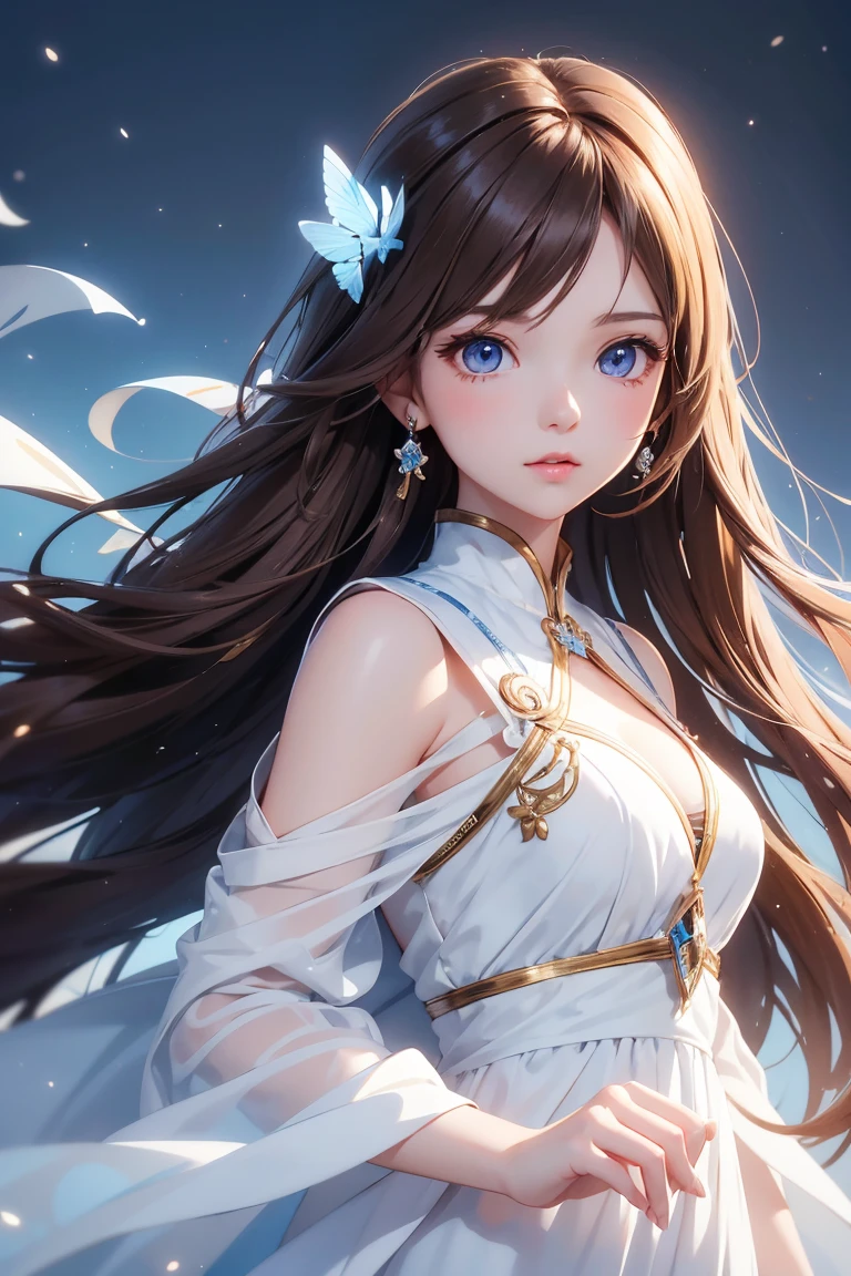 Masterpiece, Best quality, young girl, brown eyes color, long hair, smoky mix brown color hair, resolute eyes, white and blue dress, long white eardrop, frontal photo, blank background, remove background, anime, illustration