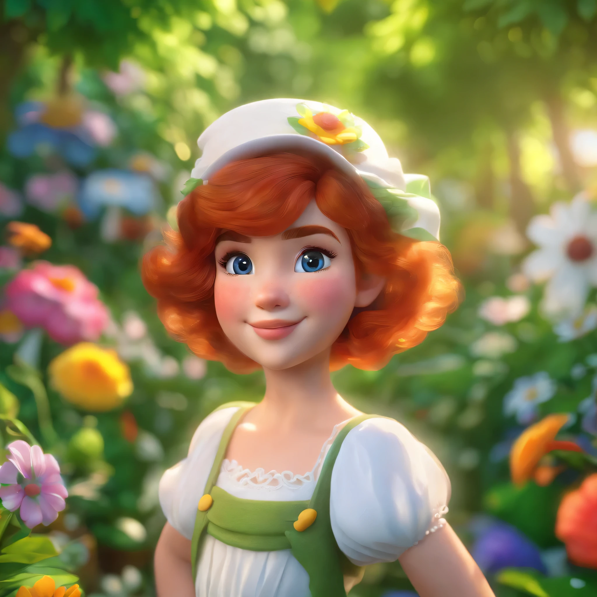 A beautiful red-haired girl with short hair, piercing eyes, small nose, full lips, delicate features, wearing a white dress, standing in a lush green garden with colorful flowers, sunlight filtering through the trees, (best quality,4k,8k,highres,masterpiece:1.2),ultra-detailed,(realistic,photorealistic,photo-realistic:1.37),portrait,highly detailed facial features,photorealistic,natural lighting,lush garden,vibrant colors,intricate details,dramatic lighting,awe-inspiring