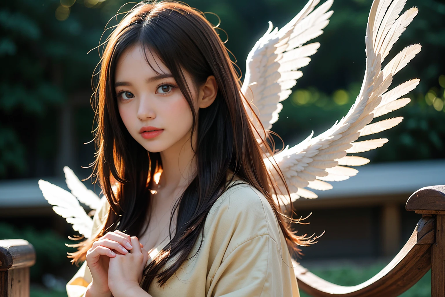photorealistic, (hyperrealistic:1.2), beautiful, masterpiece, best quality, extremely detailed face, perfect lighting, nice hands, perfect hands, A divine and radiant angel in celestial splendor, (heavenly presence:1.2), (serene expression), (majestic wings), (ethereal glow:1.1), (peaceful and comforting), (transcendent beauty), (divine grace), (symbol of purity), (golden halo), (uplifting atmosphere), (celestial realm), (spiritual enlightenment), (gentle and protective), (illuminating light:1.2), (seraphic figure), (harmony and serenity), (angelic robes), (timeless and celestial), (captivating aura), (healing and guidance)