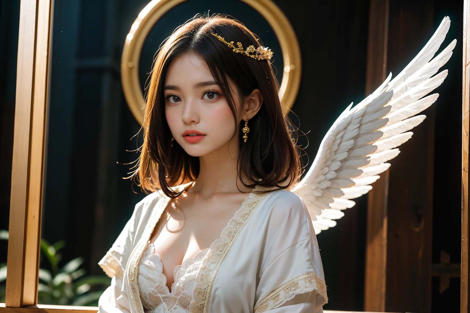 photorealistic, (hyperrealistic:1.2), beautiful, masterpiece, best quality, extremely detailed face, perfect lighting, nice hands, perfect hands, A divine and radiant angel in celestial splendor, (heavenly presence:1.2), (serene expression), (majestic wings), (ethereal glow:1.1), (peaceful and comforting), (transcendent beauty), (divine grace), (symbol of purity), (golden halo), (uplifting atmosphere), (celestial realm), (spiritual enlightenment), (gentle and protective), (illuminating light:1.2), (seraphic figure), (harmony and serenity), (angelic robes), (timeless and celestial), (captivating aura), (healing and guidance)
