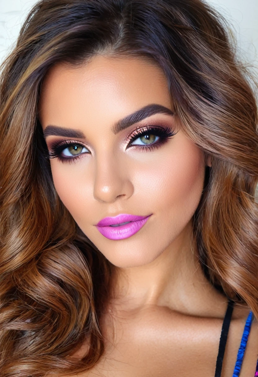 fait moi une femme de couleurs de cheveux chatins, bronzer, yeux claire 20 ans, big breast luscious lip
