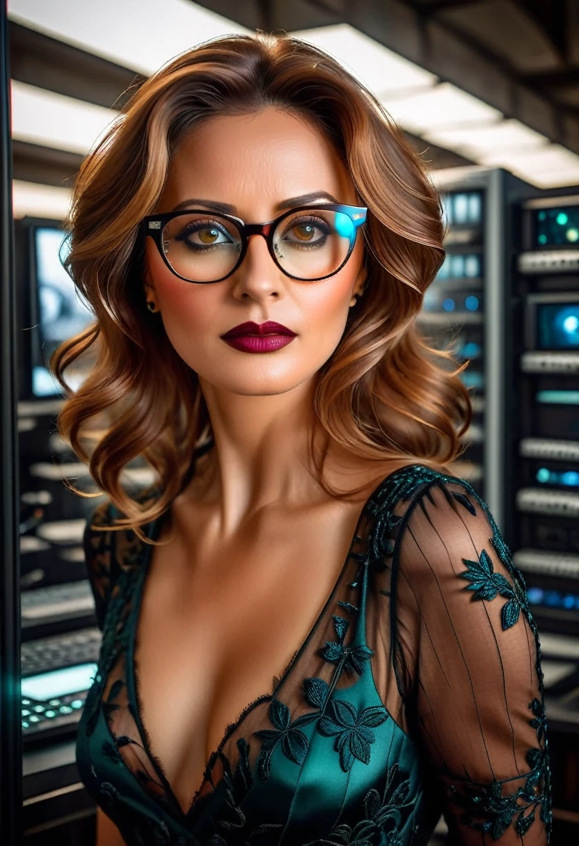 a facial portrait of a spy using glasses to take pictures working on a secret computer labratory, an elegant, exquisite beautiful female spy, dynamic hair color, dynamic hair style, (wearing elegant intricate details glasses: 1.3), dynamic color glasses, dynamic style glasses, ((digital information reflected in the glasses:1.6)), she wears an elegant, intricate detailed dress, silk dress , small cleavage, Vibrant, Ultra-high resolution, High Contrast, masterpiece:1.2, highest quality, Best aesthetics), best details, best quality, highres, ultra wide angle, 16k, [ultra detailed], masterpiece, best quality, (extremely detailed), Genetically modified..., Cinematic Hollywood Film