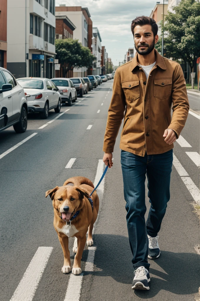 A man walk on the road with dog