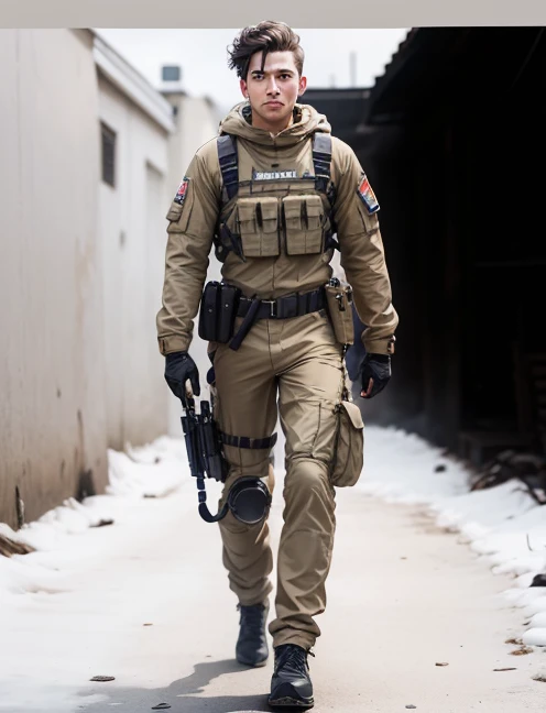 Man holding a pistol, combat suit with supports, shooting position 