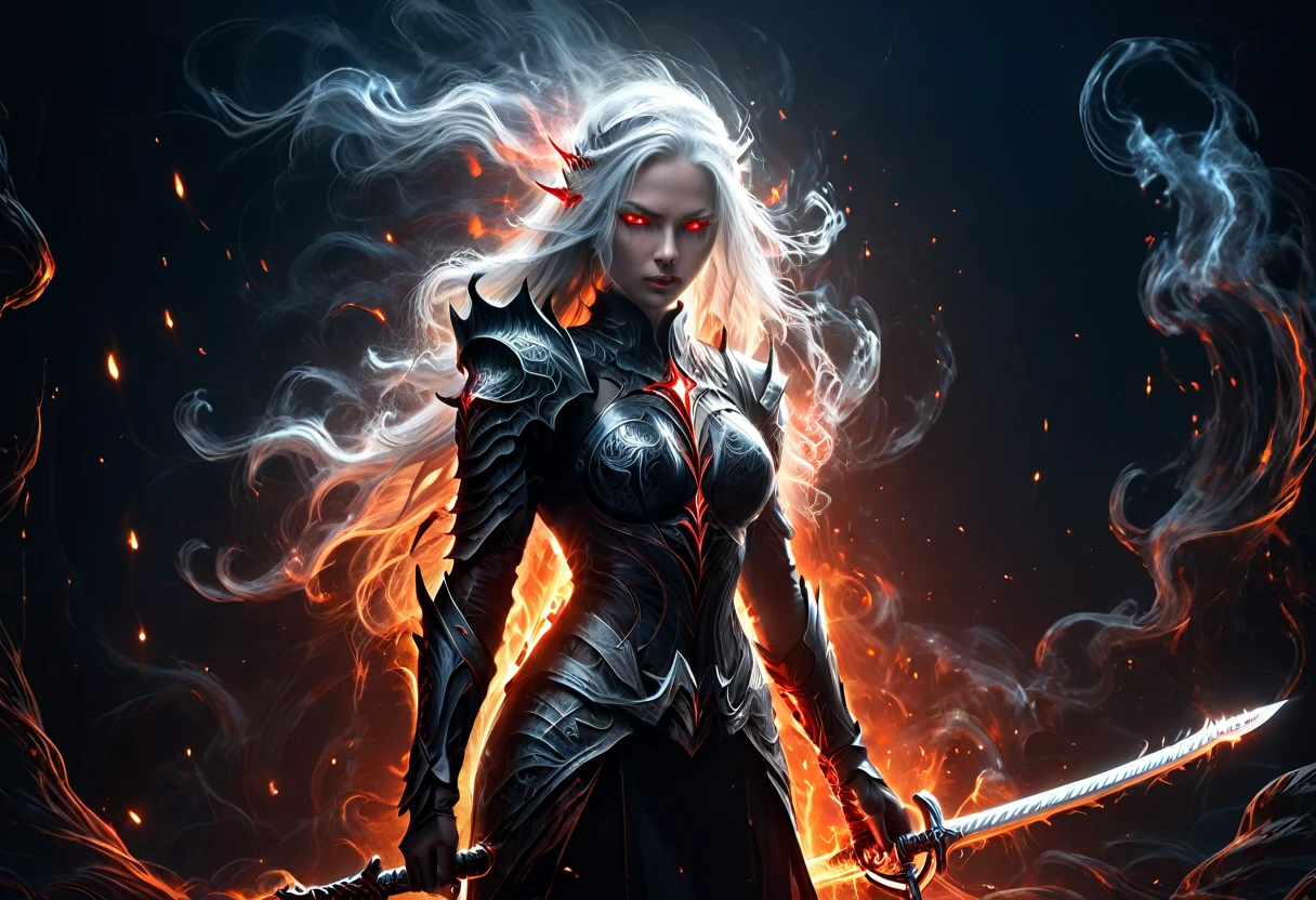 8k resolution, depth of field, photorealistic, lens flare, ((best quality)), (((intricate details))), highly detailed, (((cinematic effect))), looking at viewer,1girl,breasts,long hair, ((white hair with black highlights)), ponytail, ((glowing red eyes)), serious and severe face, ,wearing flame armor, helmet in the shape of a blood red head,holding,cleavages,V,vaporous swirls of deep black,holding weapon, sword, holding sword, night, (underworld,hells), well of cursed souls, (((the river styx background:1.5))),UHD, no anatomical defects,dark, extremely detailed, amazing quality, masterpiece, best quality, hyper detailed, ultra detailed, UHD, perfect anatomy, portrait, DOF, majestic, awesome, inspiring, cinematic, global illumination, dramatic, atmospheric haze, cinematic composition, deep shadows, death scythe,,made of mad-wsps, surrounded by glowing force magic,glowing character outline by dark aura (blue:1.5)