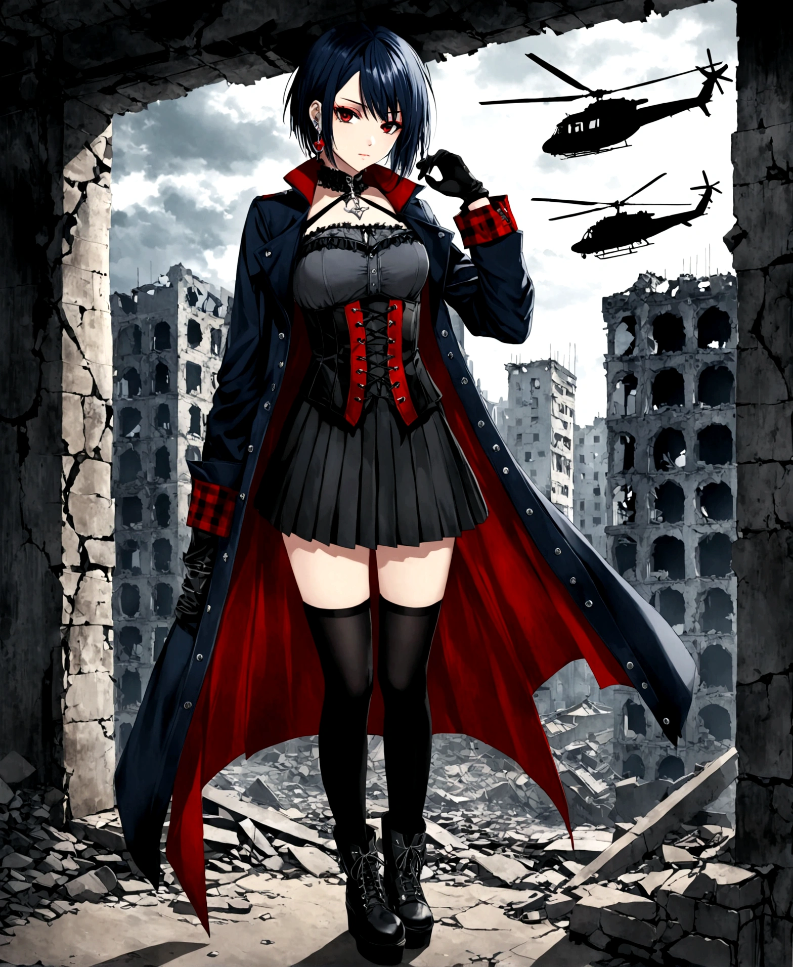 An emo-gothic, girl, in a city, in the middle of a war, in a ruined building, with helicopters visible from the windows, (Gothic clothing: dark blue full body open coat, grey corset blouse fastened by threads, Scarlet red short skirt with pleats, long black gloves with silver trimmings, platform boots, black thigh-high stockings, earring on left eyebrow,),
