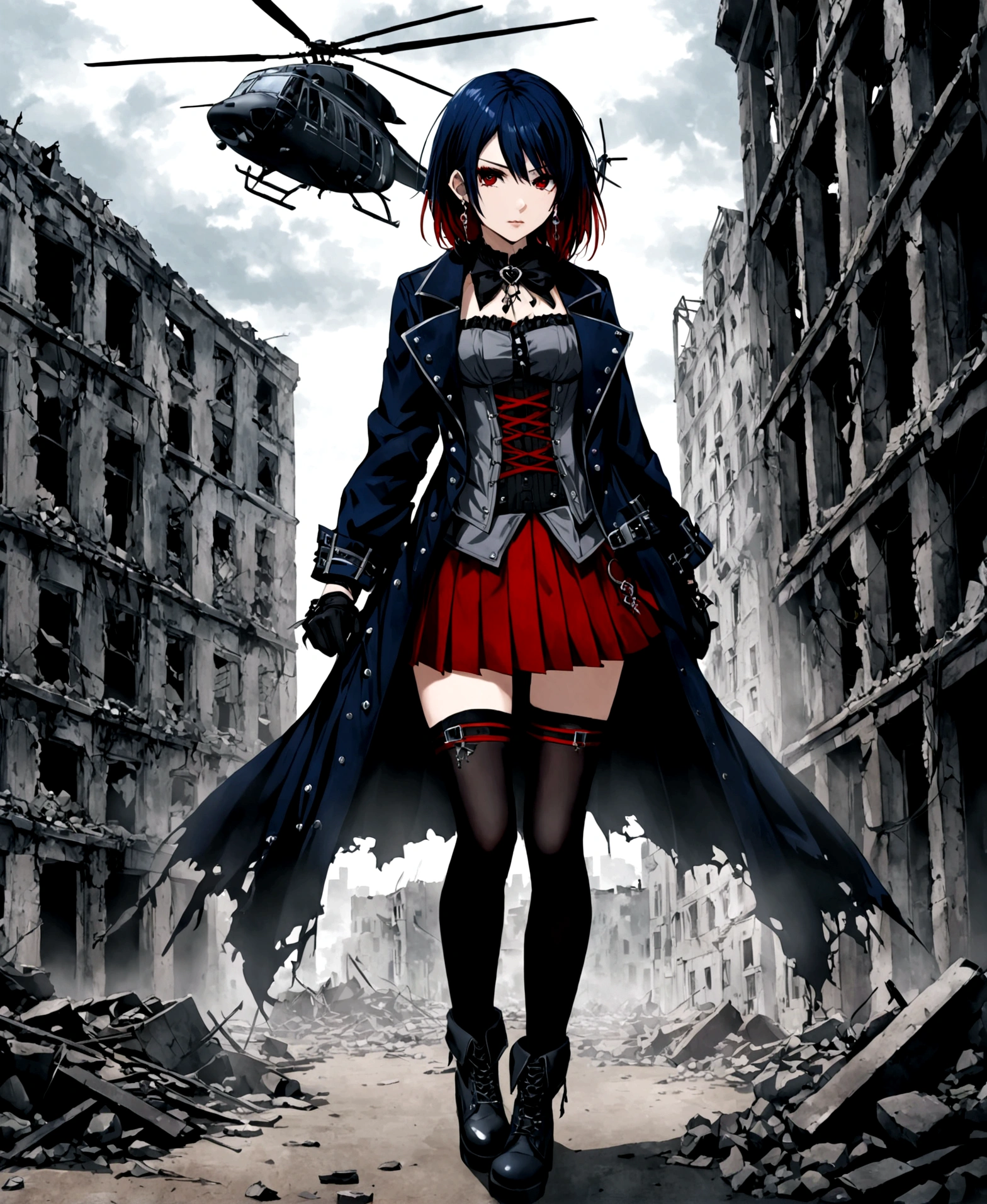 An emo-gothic, girl, in a city, in the middle of a war, in a ruined building, with helicopters visible from the windows, (Gothic clothing: dark blue full body open coat, grey corset blouse fastened by threads, Scarlet red short skirt with pleats, long black gloves with silver trimmings, platform boots, black thigh-high stockings, earring on left eyebrow,),