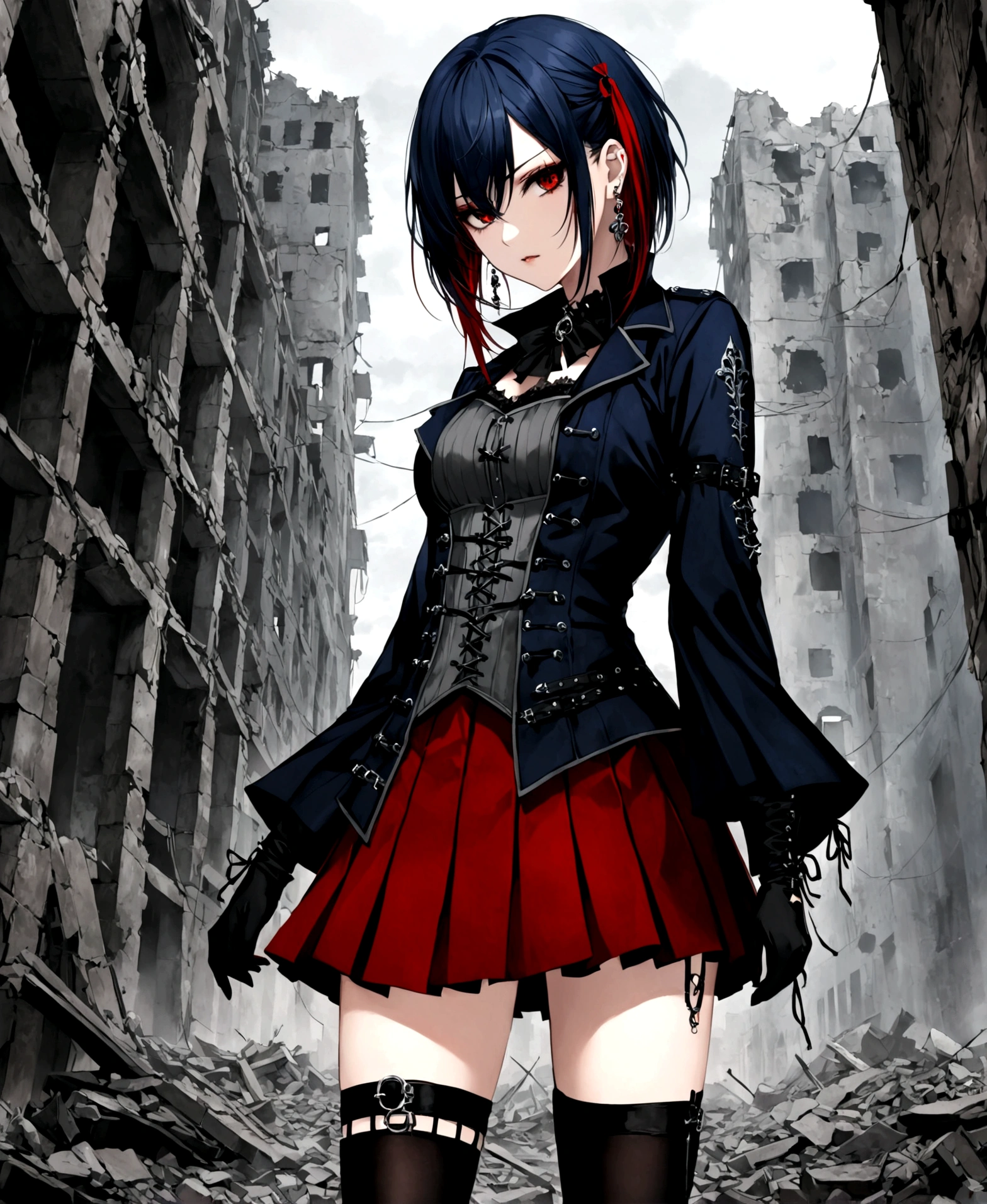 An emo-gothic, girl, in a city, in the middle of a war, in a ruined building, with helicopters visible from the windows, (Gothic clothing: dark blue full body open coat, grey corset blouse fastened by threads, Scarlet red short skirt with pleats, long black gloves with silver trimmings, platform boots, black thigh-high stockings, earring on left eyebrow,),