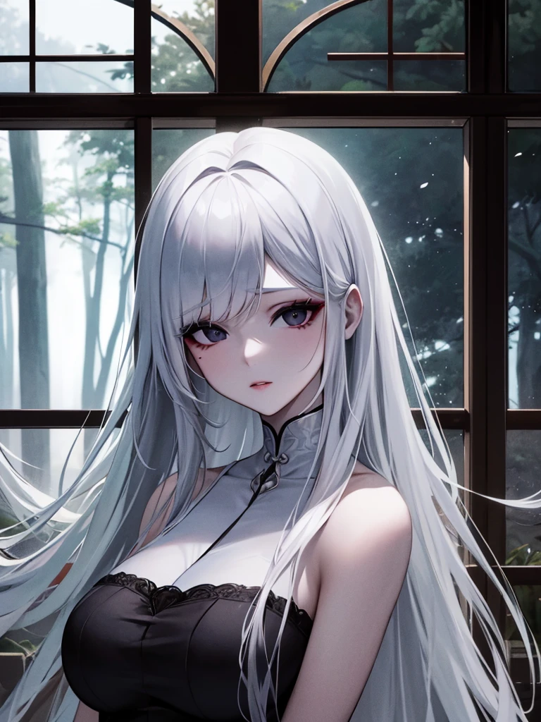 Make an albino woman, beautiful and korean, make her with black eyes looking through a window that looks out onto a clear and beautiful forest