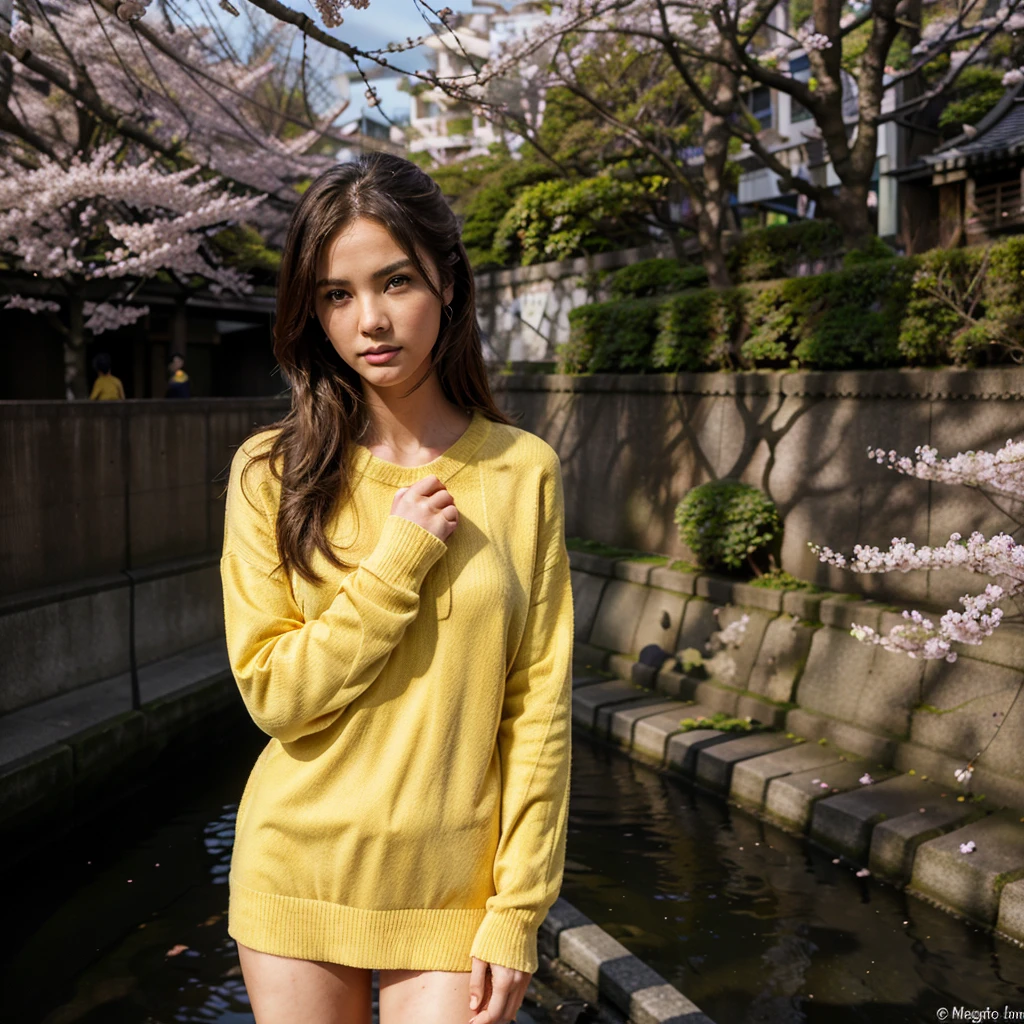 Female supermodel. Yellow sweater. Dim, soft lighting. Sunset. Meguro River Cherry Blossoms Promenade, Tokyo, Japan.