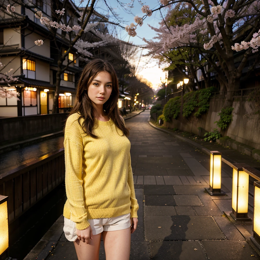 Female supermodel. Yellow sweater. Dim, soft lighting. Sunset. Meguro River Cherry Blossoms Promenade, Tokyo, Japan.