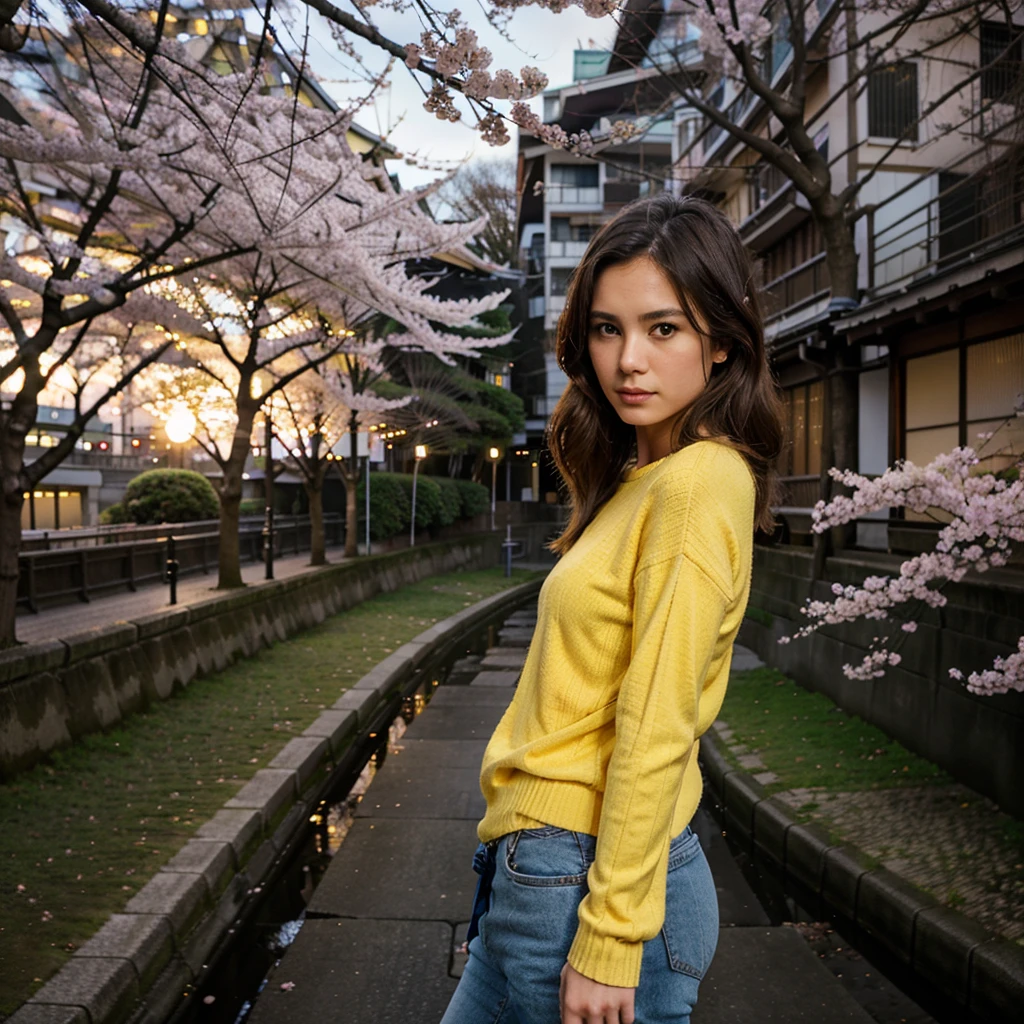 Female supermodel. Yellow sweater. Dim, soft lighting. Sunset. Meguro River Cherry Blossoms Promenade, Tokyo, Japan.