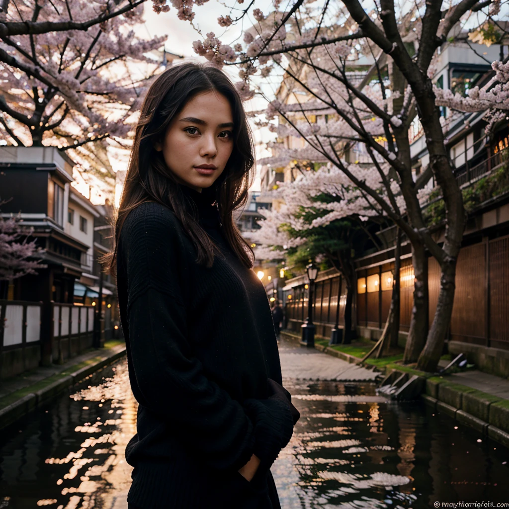 Female supermodel. Black sweater. Dim, soft lighting. Sunset. Meguro River Cherry Blossoms Promenade, Tokyo, Japan.