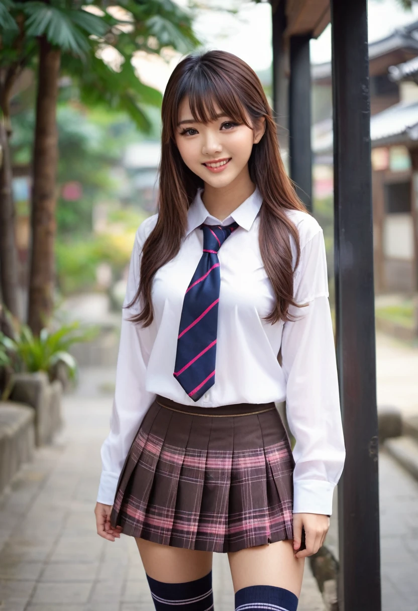 (1girl, sharp focus solo), (full body portrait image:1.4), (Masterpiece, Super photo realistic, Super details, Super Highest Quality, Super Highest photo realistic), super cute and beautiful girl, (fine atmosphere:1.3), You are a professional photographer Photographing my girlfriend, Very Japanese gal, Wearing navy plaid pleat mini skirt, False eyelashes, Pearl pink glossy lips, Unbuttoned white shirt, (kawaii erotic girl:1.3), (brown eyes:1.4), big round chest, (Wider at the hem flabby large in size Super Loose long Socks:1.4), (loafer), (An innocent 16-year-old cute Japanese girl:1.4), (skin fang:1.4), Very happy smile, Extremely Realistic, open mouth, half close eyes, slim waist, (tanned skins:1.4), slim beautiful legs), a girls incoming, black pupils, dark brown color hair style, high school gal, (torogao:1.4), dark brown hair color, two side up hair style, hair pin, (cute Asian gal:1.4), (wide stans legs standding:1.4), white bangs, shirt out over on skirt, super slim beautiful thigh legs, black long loose necktie, satin under wear,