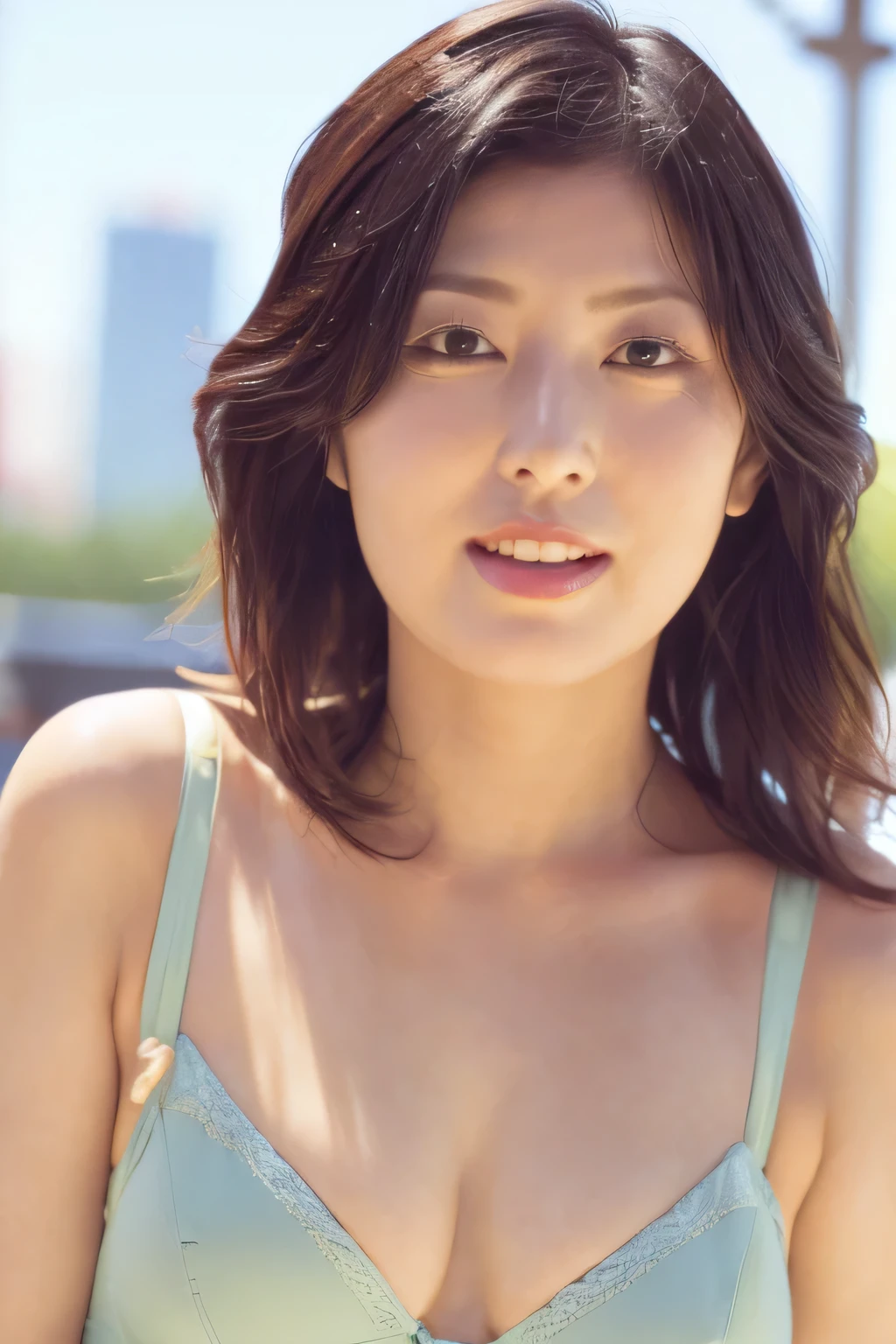 NSFW:1.5,((highest quality、8K resolution、master masterpiece、portrait:1.3)), Photoreal, 35mm film, 1 Japanese female, Upper body、on the street during the day, wrinkles around the eyes、plump body、cleavage、smile,((sexy lingerie:1.3)) , (outdoor:city street 1.3), jumbled background,look at the audience,Tokyo cityscape:1.3