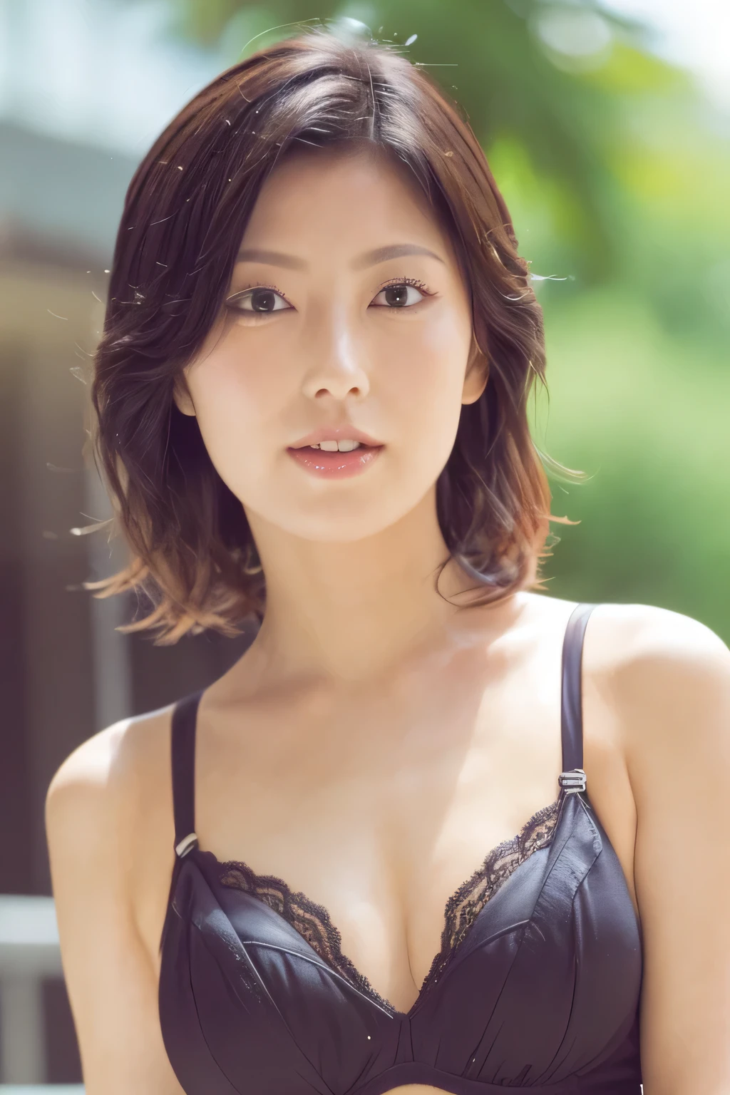 NSFW:1.5,((highest quality、8K resolution、master masterpiece、portrait:1.3)), Photoreal, 35mm film, 1 Japanese female, Upper body、on the street during the day, wrinkles around the eyes、plump body、cleavage、smile,((sexy lingerie:1.3)) , (outdoor:city street 1.3), jumbled background,look at the audience,Tokyo cityscape:1.3