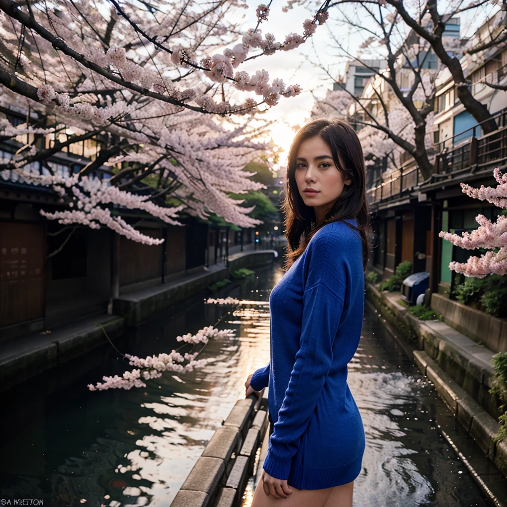 Female supermodel. Royal blue sweater. Dim, soft lighting. Sunset. Meguro River Cherry Blossoms Promenade, Tokyo, Japan.