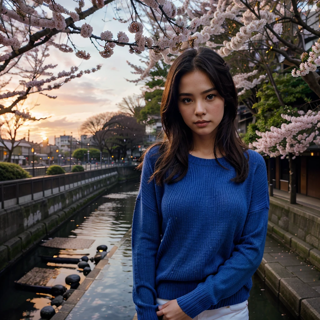 Female supermodel. Royal blue sweater. Dim, soft lighting. Sunset. Meguro River Cherry Blossoms Promenade, Tokyo, Japan.