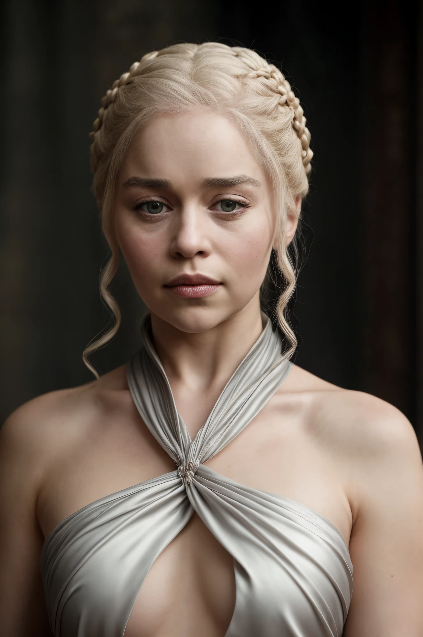 masterpiece, stunning portrait photo of khls woman, sleeveless, erotic costumes, sensual satin dress, game of thrones inspired costumes,