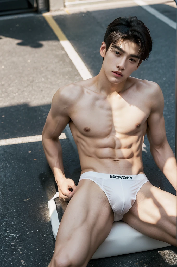 Eine hyperrealistische, 20 year old boy, dark hair, Dark eyebrows, show abs, topless , shirtless, Athletic Body, Bang Hair, Serious male, thoughtful, observer, wearing white thong, jockstrap, sunlight, summer, on the Street, sit on floor