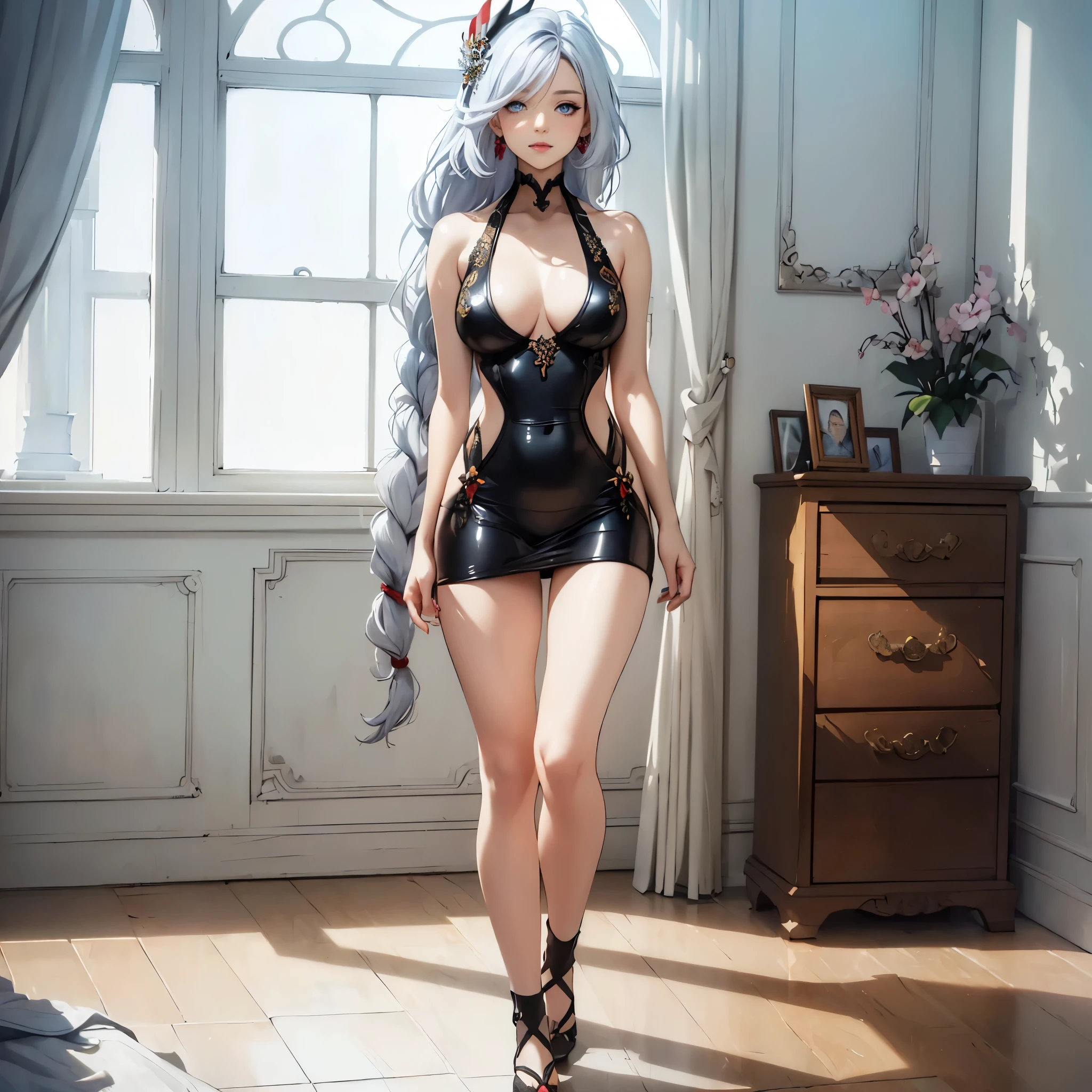 ((1girl, solo)), beautiful body, (perfect anatomy, perfect body, perfect hands, perfect legs), natural proportions, sexy body, large breasts, ((full body, full body front)) BREAK
((extremely detailed face)), (beautiful detailed eyes:1.6), (realistic pupils, realistic iris:1), expressive eyes, looking at viewer, (clear eyes:1.3), (hyperrealistic:1.2), (detailed skin texture:1.2), smooth skin, ((silver white hair)), long hair, ((very long hair)), braid, (braided ponytail:1.3), bangs, parted bangs, hime cut, ((hair over right eye)), eyes visible through hair, ((red tassel earrings)), ((hair tie)), hair ornament, ((mature female)), ((little smile)), (detailed lips:1.2), (attractive lips:1.1), (glossy lips:1), parted lips, perfect face, perfect eyes BREAK
(masterpiece:1.5), anime-style, top quality, best quality, (beautiful and aesthetic:1.2), (ultra detail:1.5), Ultra-detailed depiction, Ultra-precise depiction, extremely detailed 8k illustration, high resolution, (highly detailed shading:1.2), (realistic lighting:1.4), perfect lighting, vibrant colors, dynamic tones, striking hues, 8k, absurd resolution, perfect shadows, hdr, UHD, ambient lighting, realistic, ultra-realistic, photo realistic, highly detailed, rich detail, luminous colors, fine texture, intricate design, professional illustration, (soft light:1.2), (illustration:0.7)