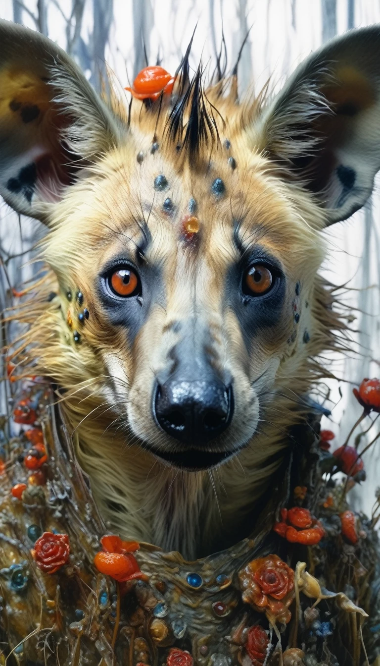 Gaunt ghoul hyena headed, post-apocalyptic, colorful, hyperdetailed, dystopian, elemental, ethereal, whimsical, photorealistic, alyssa monks, Brian Froud, Arthur Rackham, alice in Wonderland, amanita muscaria