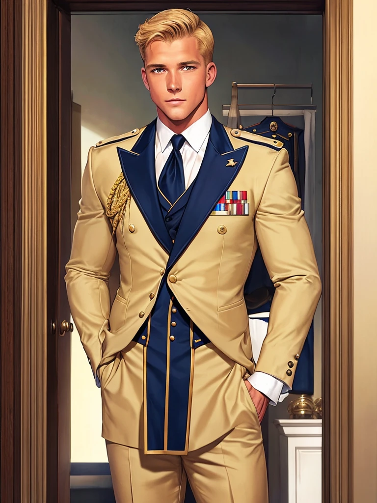 Leyendecker style illustration : A handsome blond guy, ************, looks at the ceremonial officer's uniform of a "Navy Seal" with awards, which hangs on a suit hanger standing on the floor, and engages in masturbation. Watching him from behind is a naked, blond, muscular Navy SEAL officer, 35 years old, handsome and arrogant. The officer has a big dick, an erection, and a boner.