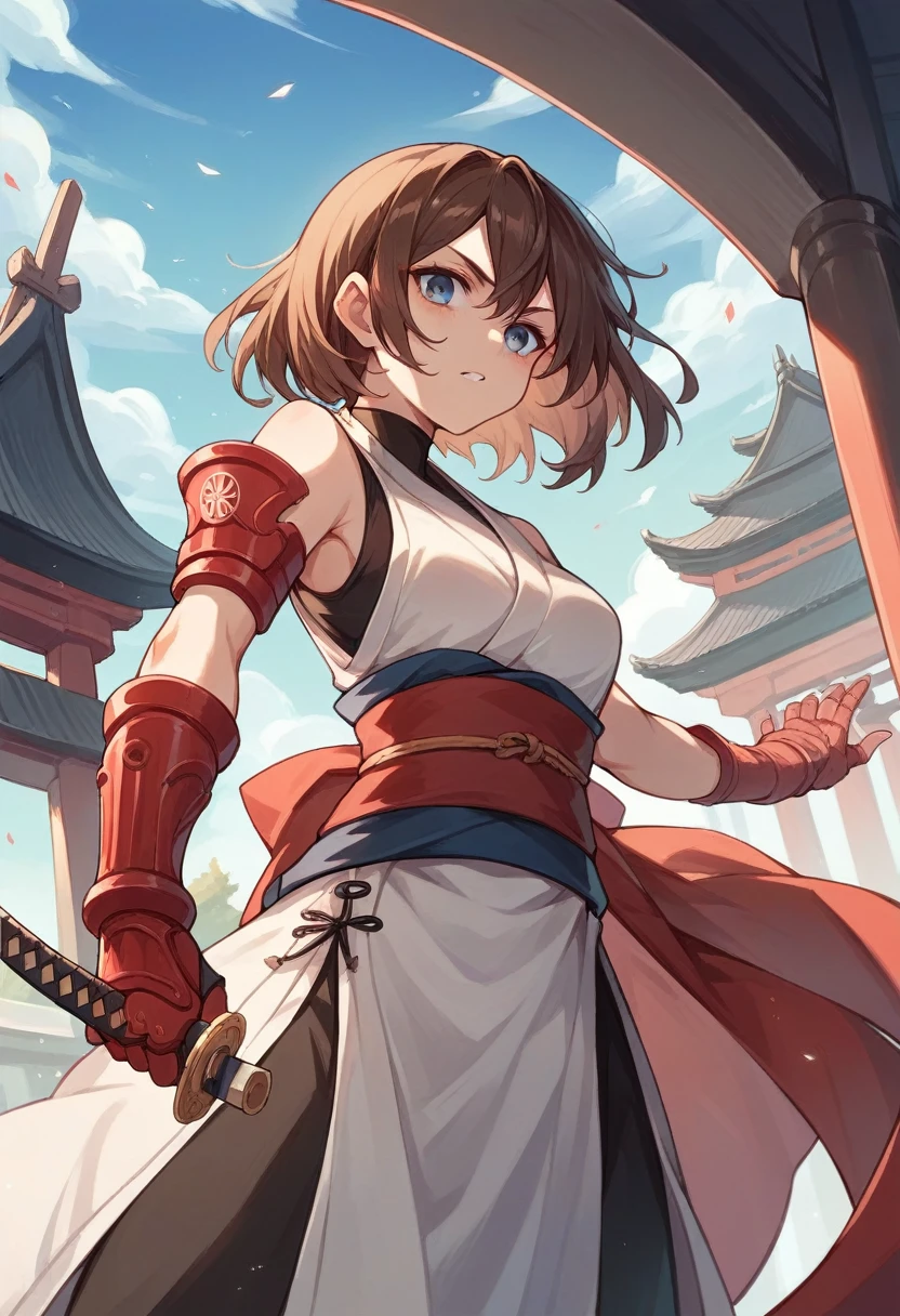 20-year-old black Assassin wearing black, red arm braces, no hood red sash, brown hair blue eyes in a temple, with a dagger in his left hand and a katana in his right hand