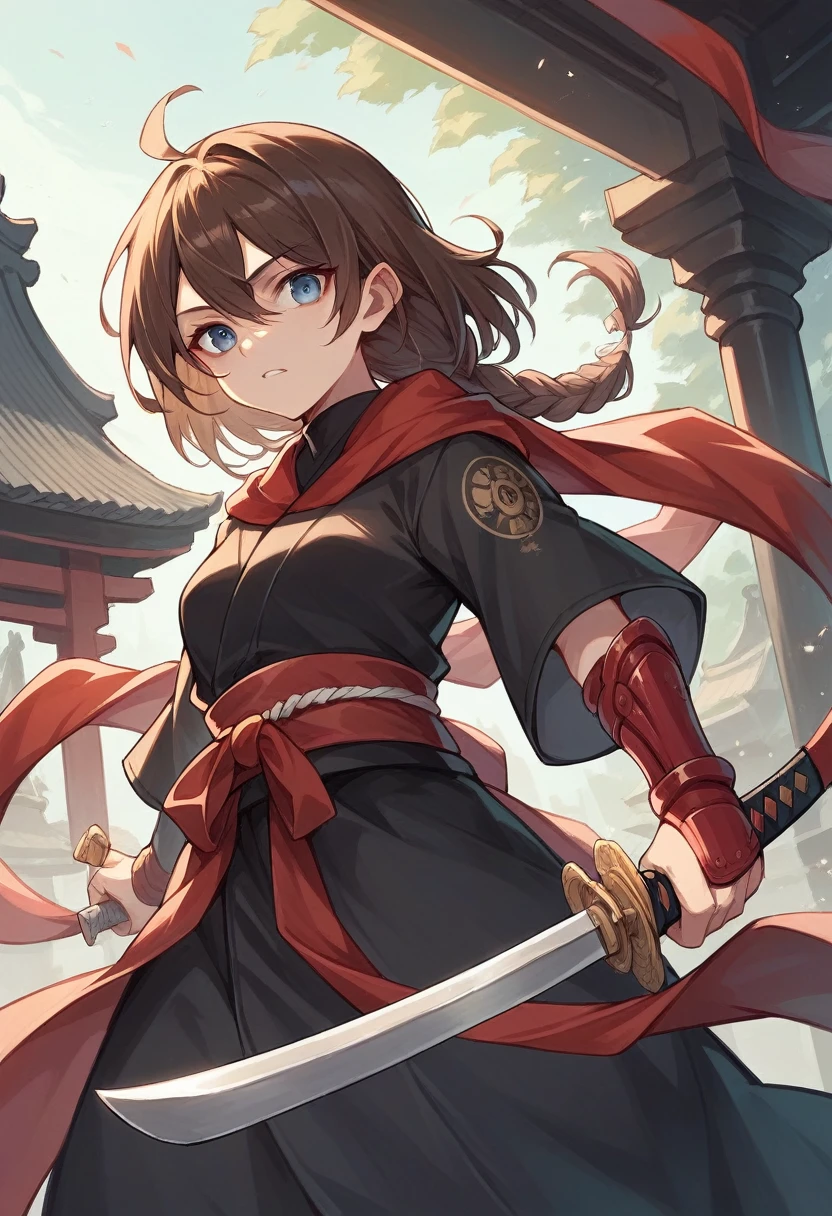 20-year-old black Assassin wearing black, red arm braces, no hood red sash, brown hair blue eyes in a temple, with a dagger in his left hand and a katana in his right hand
