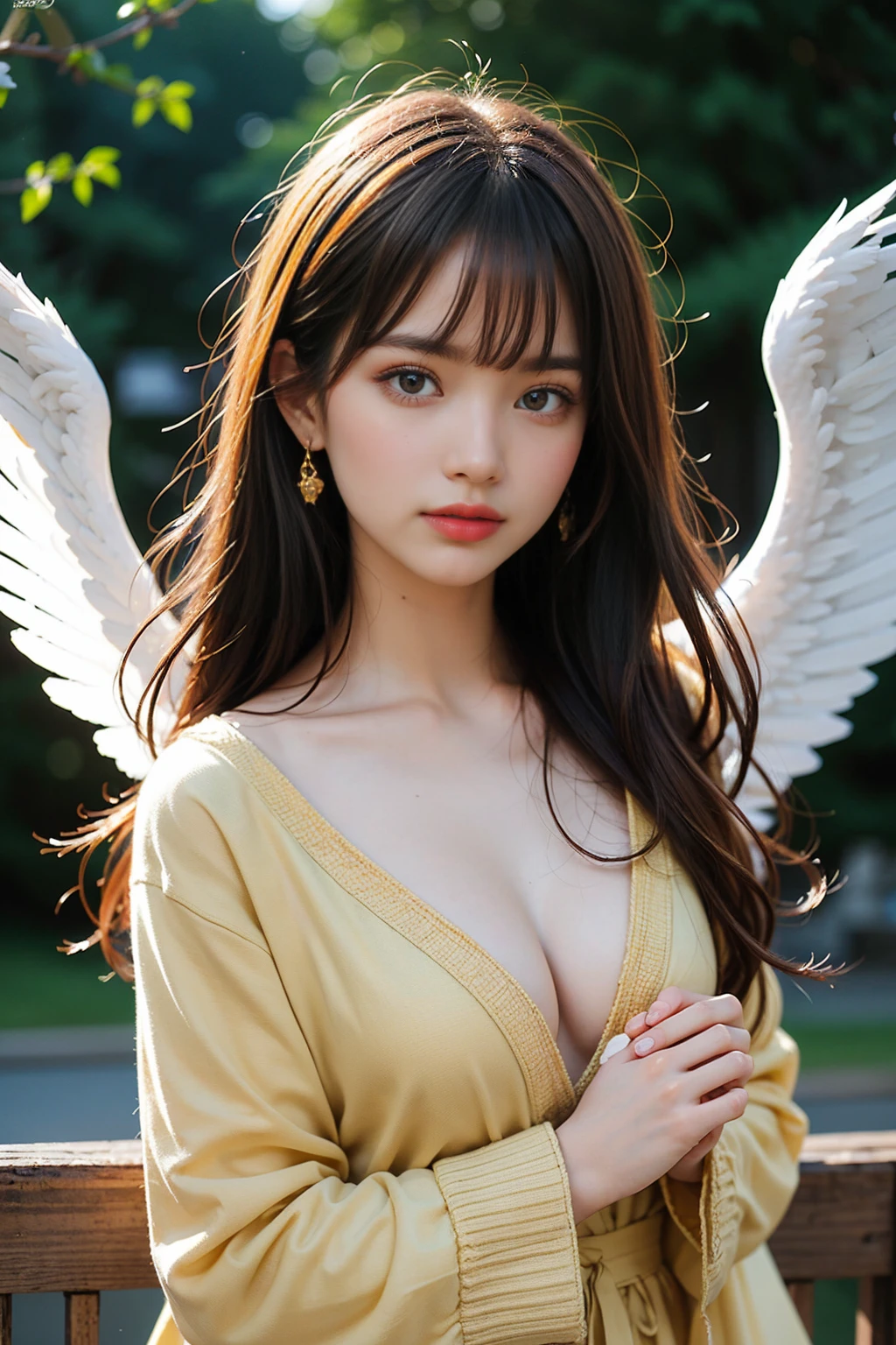 photorealistic, (hyperrealistic:1.2), beautiful, masterpiece, best quality, extremely detailed face, perfect lighting, nice hands, perfect hands, A divine and radiant angel in celestial splendor, (heavenly presence:1.2), (serene expression), (majestic wings), (ethereal glow:1.1), (peaceful and comforting), (transcendent beauty), (divine grace), (symbol of purity), (golden halo), (uplifting atmosphere), (celestial realm), (spiritual enlightenment), (gentle and protective), (illuminating light:1.2), (seraphic figure), (harmony and serenity), (angelic robes), (timeless and celestial), (captivating aura), (healing and guidance)