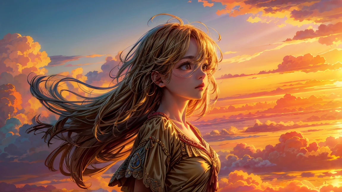 "A captivating sunset moment with a girl enchanted by the magnificent golden sunlight and billowing clouds, evoking a sense of awe and vibrant colors. Masterpiece."