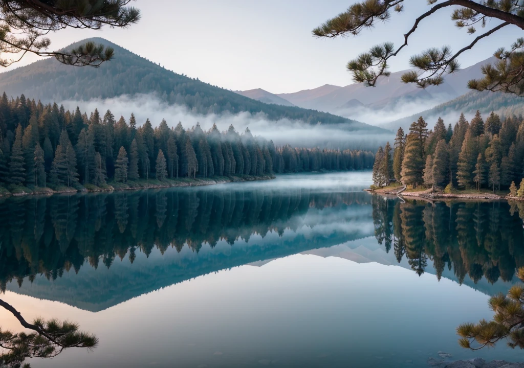 beautiful landscape of a lake with calm, crystal clear waters, with a light fog at dawn, a man contemplating the beauty of the landscape with trees in continuous formation, giving shape to a dense pine forest