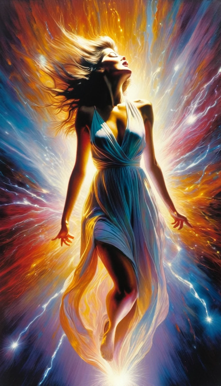 a woman experiencing an orgasm, magical energy, (simple oil painting in a style to Bill Sienkiewicz), (best quality,4k,8k,highres,masterpiece:1.2),ultra-detailed,(realistic,photorealistic,photo-realistic:1.37),vibrant colors,dramatic lighting,dramatic shadows,dynamic composition,emotional expression,surreal elements,dreamlike atmosphere