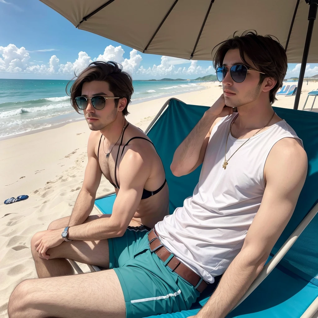 Brunette man sitting alone in a beach chair on the sand, wearing knee-length shorts, looking at the sea in the distance, sunglasses, PICTURE REALISTIC, work of art, best qualityer