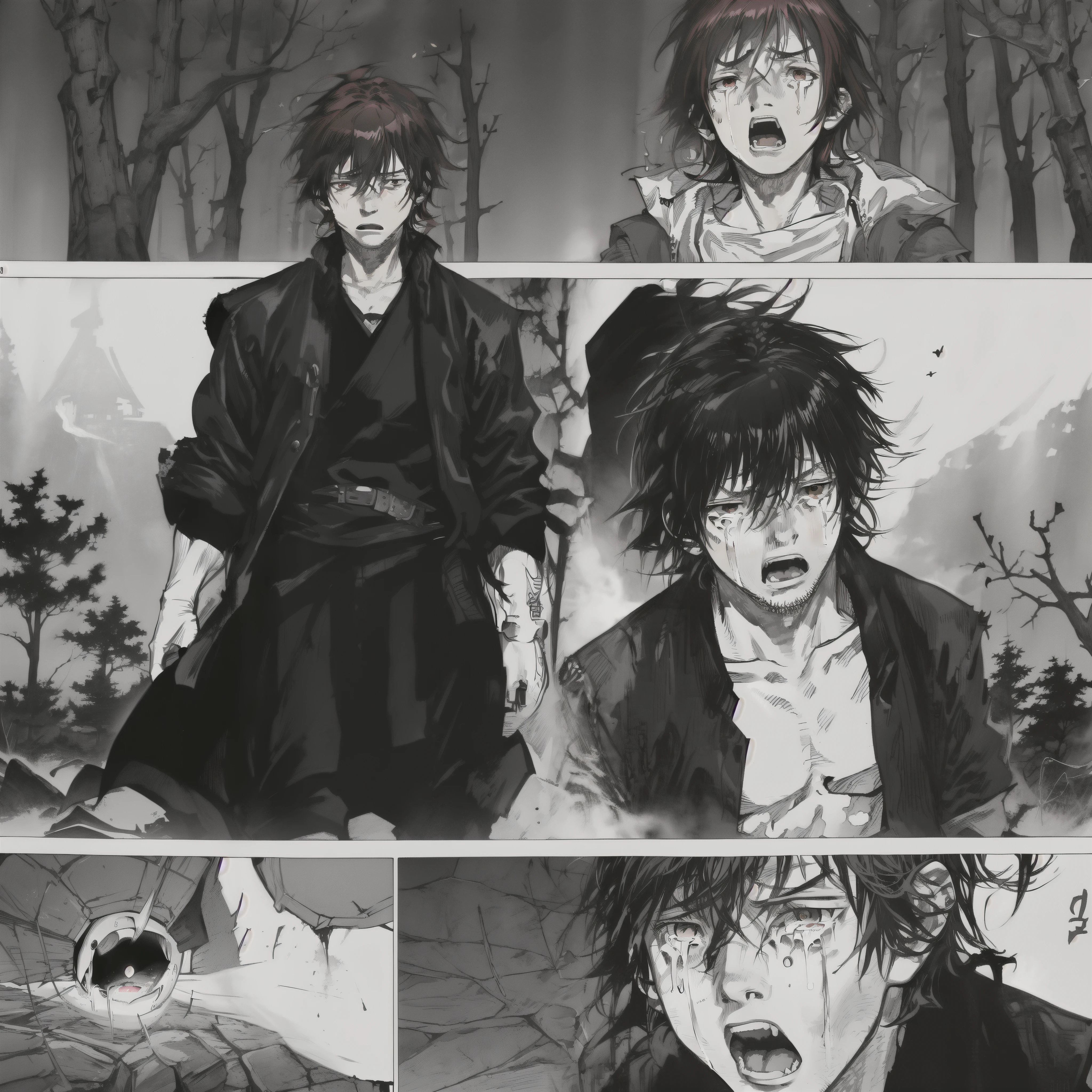 Gorgeous young male screams in anger, tears in her eyes, red head, enchanted Forest, anime style, manga, dark theme, masterpiece