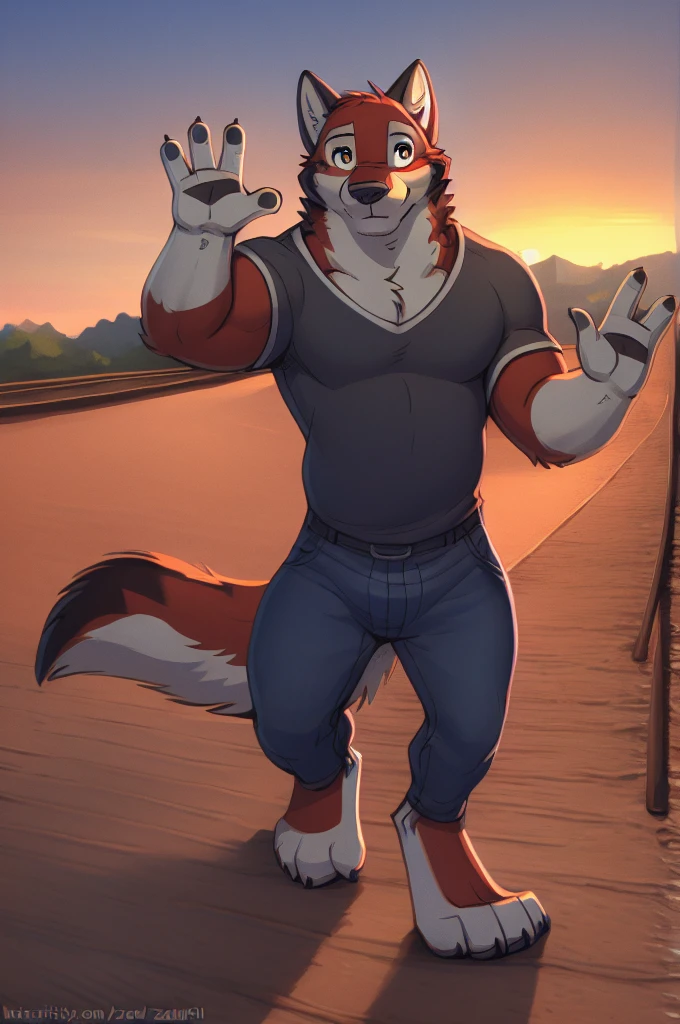 leo alvarez, muscular, bara, wolf tail, tail, (posing:1.3), (soft shading), 4k, hi res, five fingers, detailed hands, ((detailed face, (detailed eyes:1.0), detailed)), by zackarry911, by zaush, (by personalami:0.5), solo, looking at viewer, smile, shirt, red eyes, 1boy, standing, full body, male focus, outdoors, sky, barefoot, pants, hand up, black shirt, denim, sunset, jeans, waving, blue pants, railroad tracks, big bulge