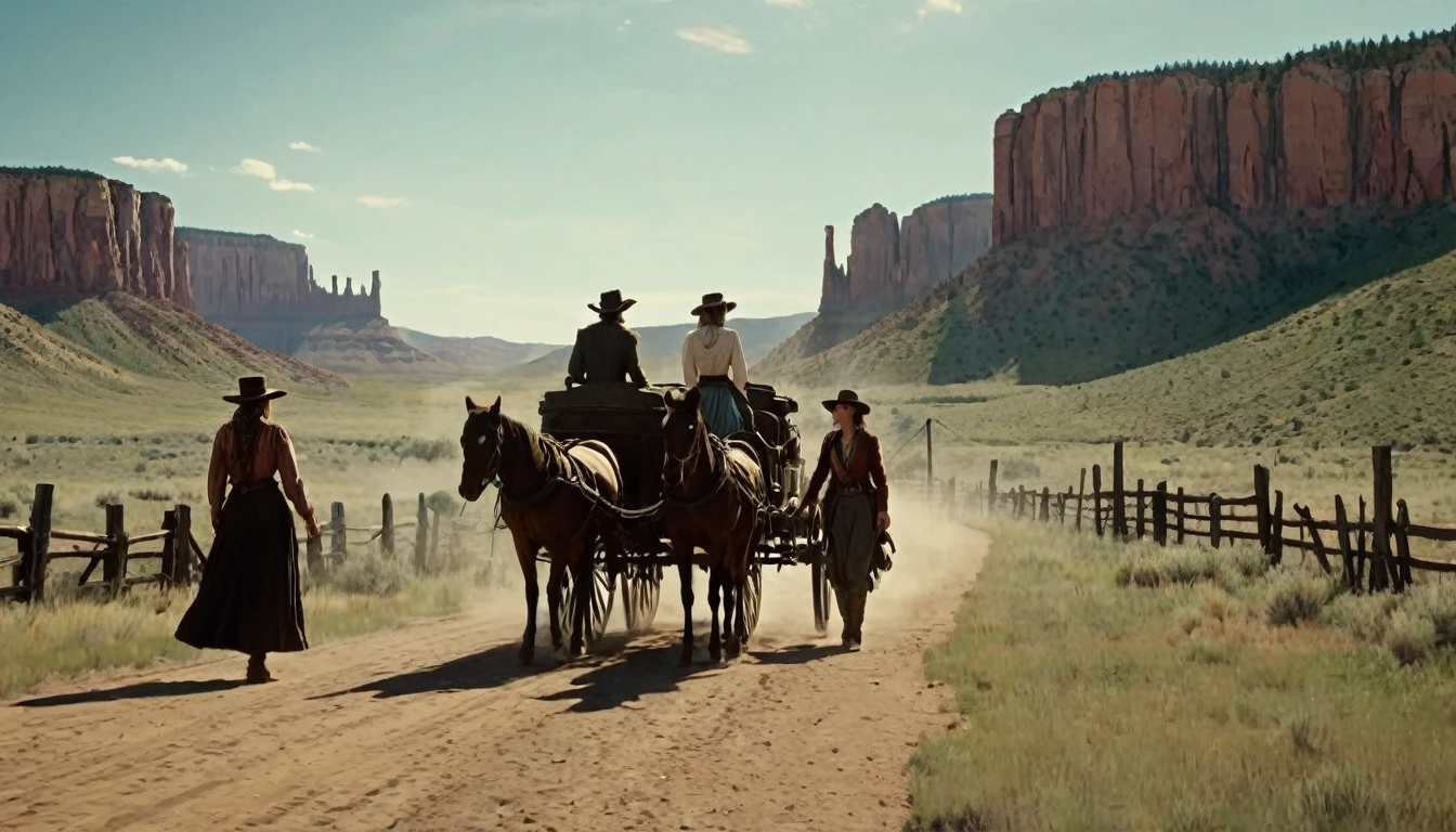Create an image that illustrates this text: With a heart full of hope and hands calloused from the journey, Sarah said goodbye to her traveling companions. old West. high definition cinematic image.