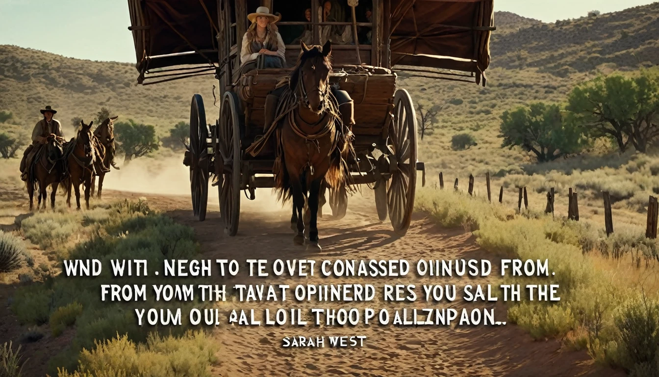 Create an image that illustrates this text: With a heart full of hope and hands calloused from the journey, Sarah said goodbye to her traveling companions. old West. high definition cinematic image.