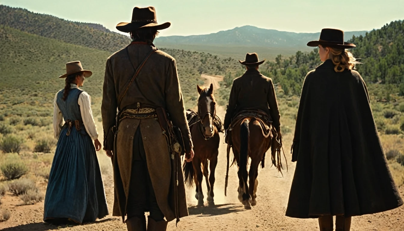 Create an image that illustrates this text: With a heart full of hope and hands calloused from the journey, Sarah said goodbye to her traveling companions. old West. high definition cinematic image.