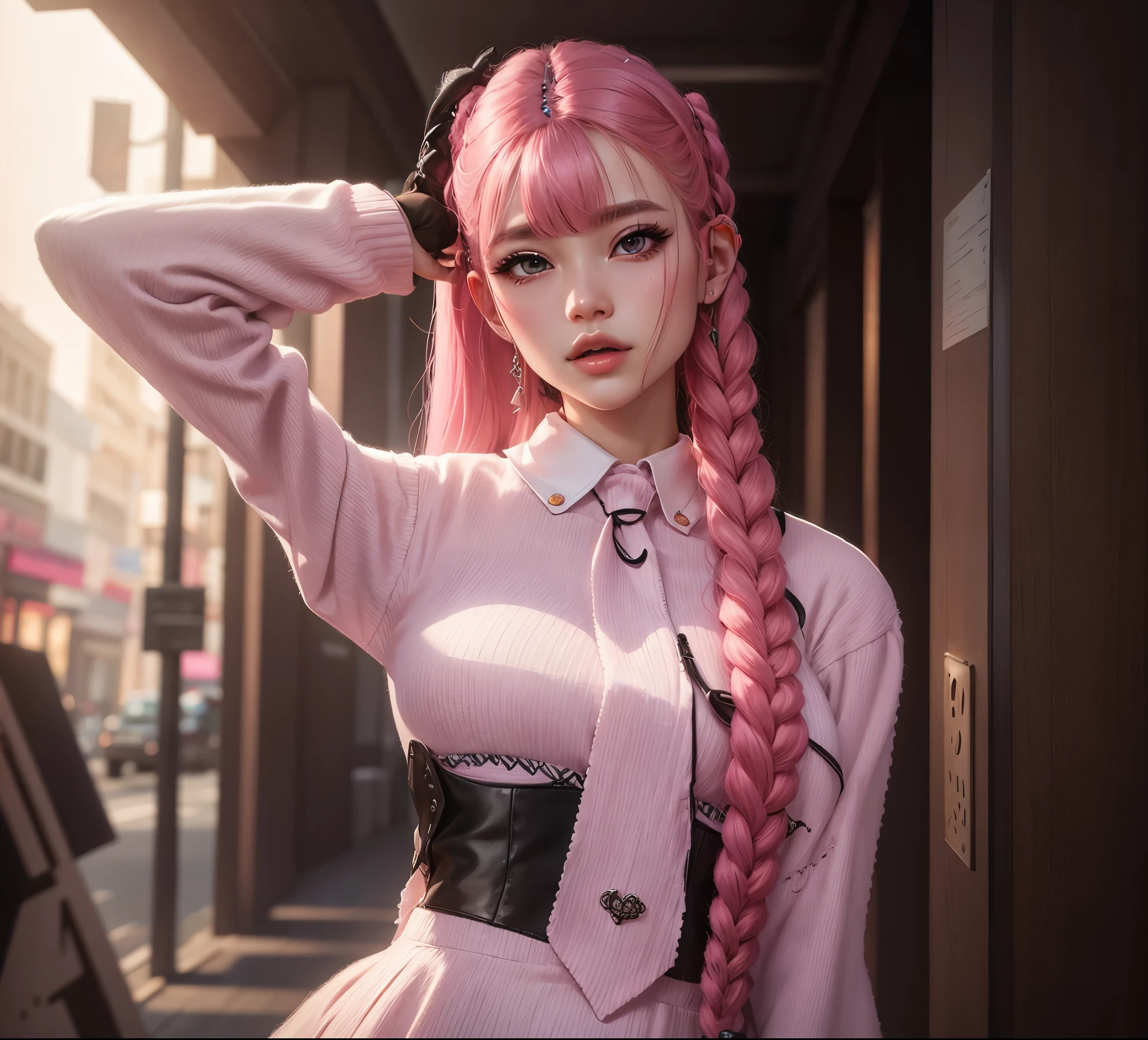 AVATAR SECOND LIFE Korean girl wearing a dress blouse with tie, Asian, pink long hair, pink hair,, Perfect and detailed face, imvu, maximalist details, AVATAR SECOND LIFE Korean blusa , neon,