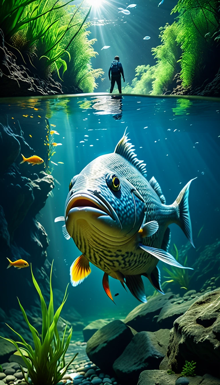 There is a fish with a human face under the river(best quality,4K,8K,High level,masterpiece:1.2),Ultra Detailed,(lifelike,Photo real,Photo real:1.37),Highly detailed animals,Complex patterns,Realistic lighting,Fantasy Creatures