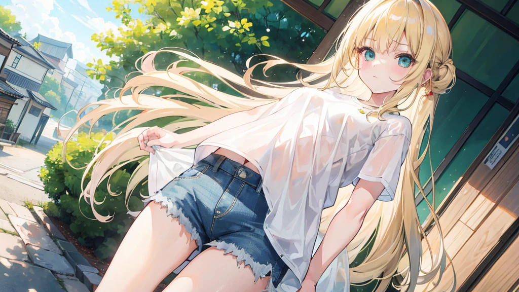 1girl, long blonde hair, green eyes, wearing plain white shirt, denim shorts, small kyoto town, absurdres, high res, ultrasharp, 8K, masterpiece, looking at viewer